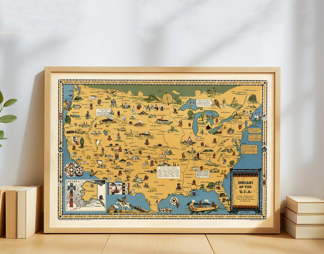 Vintage Native American Tribes Map of the USA – Illustrated Indigenous ...
