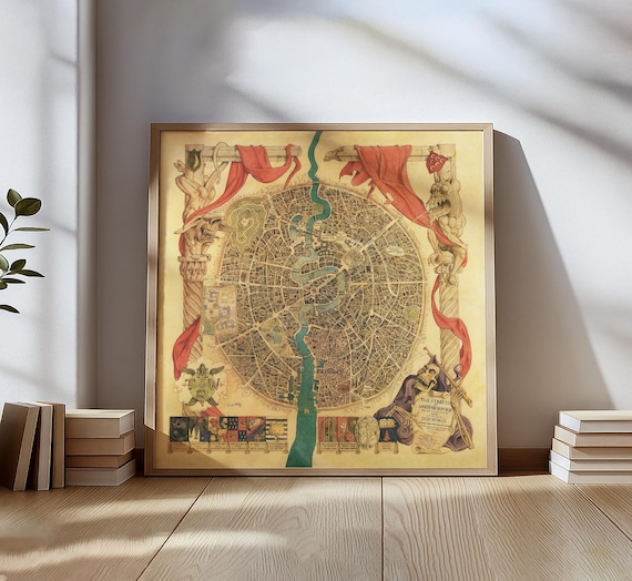 Vintage Discworld Fantasy Map Poster – The Streets of Ankh-Morpork Map – Illustrated Terry Pratchett City Art Print