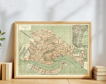 Vintage Venice Map Poster – Antique Italy City Plan – Historic Canal Lagoon Cartography Print Old Venice Wall Art for Travel History Lovers