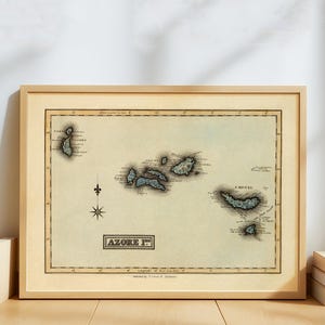 Affiche vintage de la carte des Açores, 1823 - carte vintage des îles portugaises - oeuvre d'art murale antique de l'archipel de l'Atlantique - impression cartographique historique
