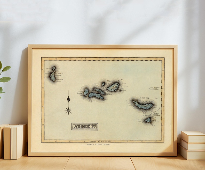 Map of the Azores Poster 1823 –  Vintage Portuguese Islands Map – Antique Atlantic Archipelago Wall Art – Historic Cartography Print
