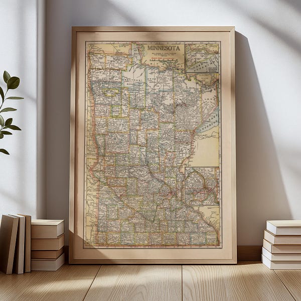 Póster con mapa antiguo de Minnesota – Mapa histórico del estado de Minnesota – Arte mural antiguo – Lámina cartográfica de 1920 – Regalo de decoración para cabaña junto al lago