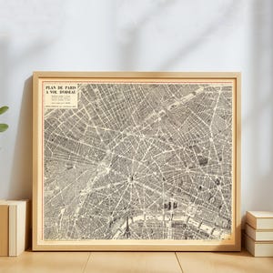 Puede incluir: Mapa antiguo enmarcado de París, Francia, con el título "Plan de Paris A Vol D'Oiseau" en texto negro. El mapa detalla calles y monumentos, enmarcado en un marco de madera marrón claro. La Torre Eiffel es visible. Estilo vintage.