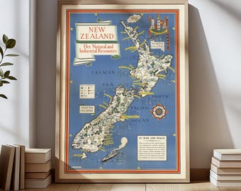 May include: A framed vintage map of New Zealand, featuring a detailed illustration of the North and South Islands. The map includes text that reads "New Zealand, Her Natural and Industrial Resources". The map is in a wooden frame.