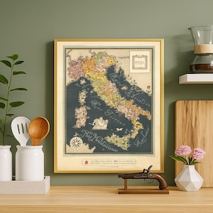 Vintage Illustrated Map of Italy Poster – Mid-Century Italian Art Print – Retro Italy Poster with Regions Symbols – Mediterranean Wall Decor
