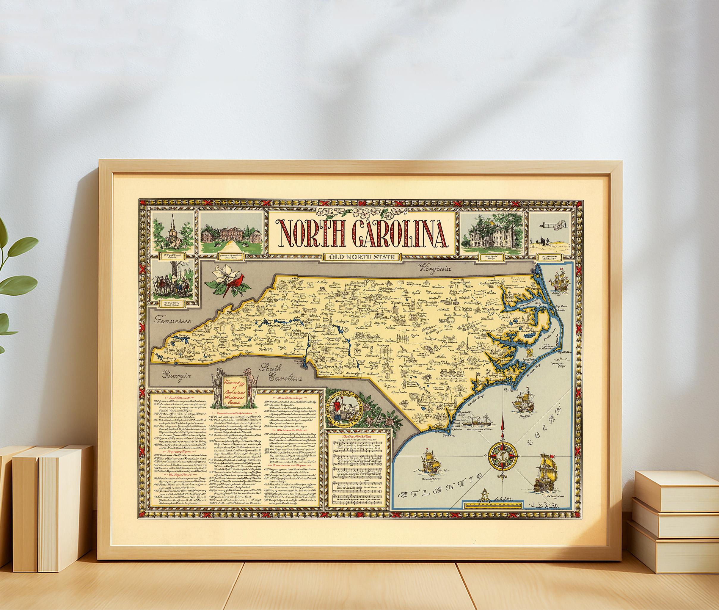 Vintage North Carolina Map Poster – “old North State” Historic Art ...