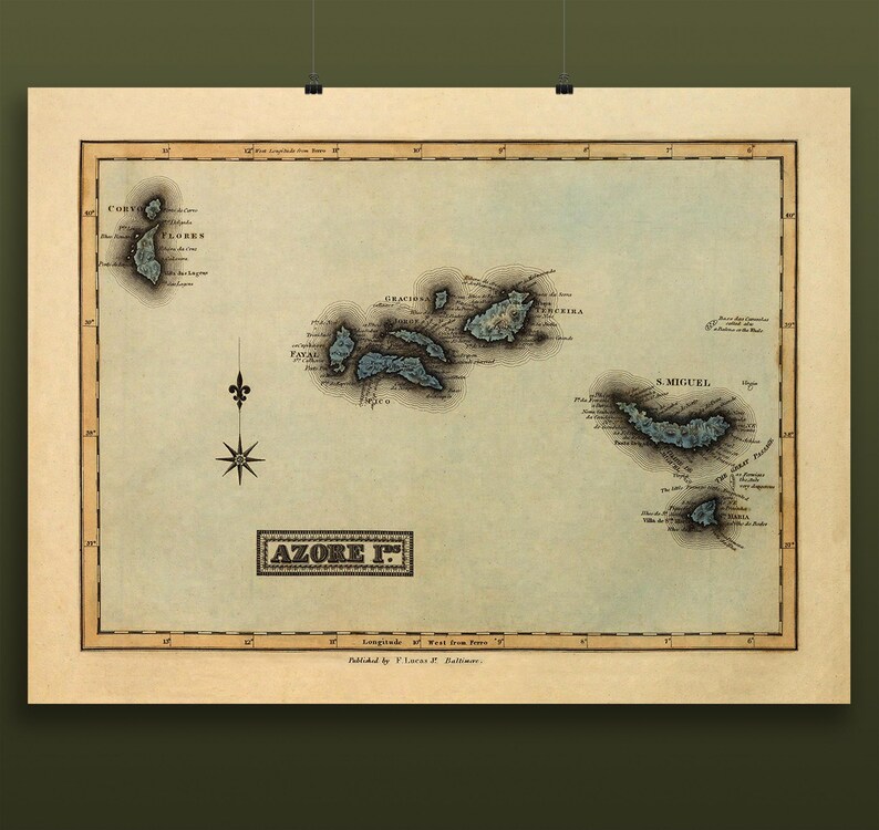 Map of the Azores Poster 1823 –  Vintage Portuguese Islands Map – Antique Atlantic Archipelago Wall Art – Historic Cartography Print