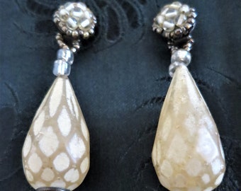 A pair of unusual vintage long glass dropper clip on dangle earrings - Miriam Haskell style