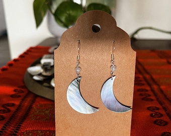 Black Mother of Pearl, Moonstone Silver Earrings