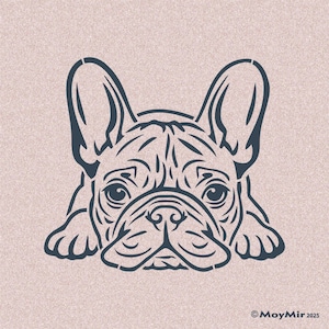 Pode incluir: Ilustração em traço azul escuro do rosto e patas de um buldogue francês, repousando sobre um fundo rosa claro. As características do cão são detalhadas com linhas, incluindo orelhas, olhos, nariz e rugas. A imagem é assinada com "©MoyMir 2025".