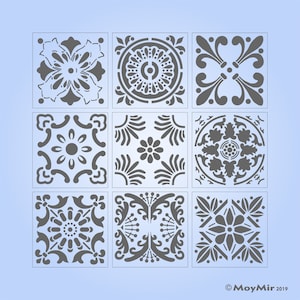 Set of 9 Moroccan/Encaustic style Stencils for Craft, Scrapbooking or Tiles