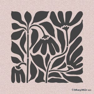 May include: A square stencil featuring a dark grey botanical design of stylised flowers and leaves against a light pink background. The pattern includes multiple stems with drooping blossoms and foliage. The text MoyMir 2025 is in the corner.