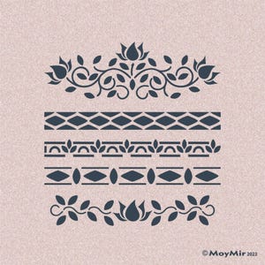 May include: A stencil sheet featuring five distinct dark gray patterns on a light pink background. The designs include two floral vine motifs, a diamond geometric border, a semi-circle leaf border, and a diamond and oval border. Text reads MoyMir 2023.