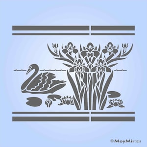 Pochoir bordure complexe de style victorien, cygnes, iris, lac