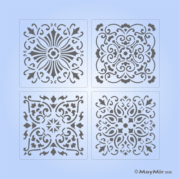 Set of 4 Square Mandala/Victorian style Stencils for Arts, Crafts, Tiles etc