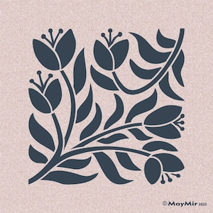 May include: A dark teal floral design featuring stylized tulips and leaves. The design is set against a textured, light pink background. The image includes the text "© MoyMir 2025".