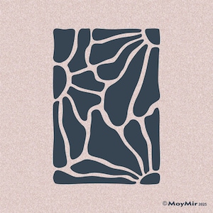 May include: Abstract navy blue design on a light pink background. The design is a rectangular shape with an organic pattern of interconnected shapes. The image has a textured appearance. The text "©MoyMir 2025" is in the bottom right corner.