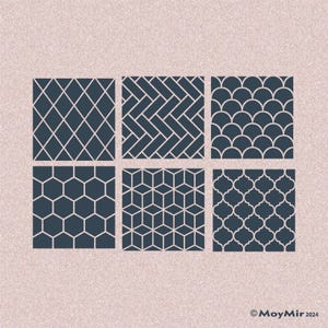 May include: A set of six square tiles featuring dark charcoal geometric patterns on a light pink background. The designs include diamonds, herringbone, scales, hexagons, cubes, and quatrefoil shapes. The text MoyMir 2024 is in the corner.