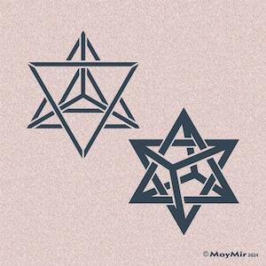 Puede incluir: Dos diseños de estrellas geométricas azul oscuro sobre un fondo texturizado rosa claro. Las estrellas están compuestas por triángulos entrelazados y otras formas geométricas. La imagen está firmada "MoyMir 2024".
