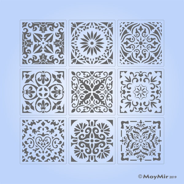 9 Piece Moroccan/Encaustic Mandala style Square Designs Stencils for Arts & Crafts