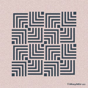 May include: A square graphic print featuring a repeating pattern of dark charcoal nested right-angle lines on a textured light mauve background. The design consists of four quadrants of geometric shapes, with the text MoyMir 2022 in the bottom right.