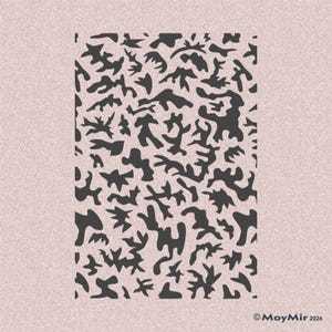 May include: A rectangular stencil sheet featuring a repeating pattern of dark gray, irregular, organic shapes against a light pink, textured background. The bottom right corner displays the text MoyMir 2026 in a small, clear, dark gray font.