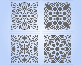 Set of 4 Square Mandala/Moroccan style Stencils for Arts, Crafts, Tiles etc