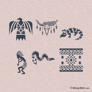 May include: A selection of dark blue Native American-inspired designs on a pale pink backdrop. The designs feature an eagle, a bull skull with feathers, a lizard, a flute player, a snake, and a geometric pattern. The image includes the text "© MoyMir 2025".