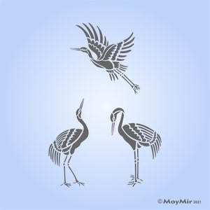 Japanese Style Stencil of 3 Heron Crane Birds -  for DIY Crafts and Home Decor