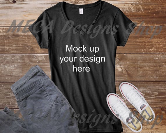 Womans Vneck Mockup Blank Black T-Shirt Mockup Apparel Mockup