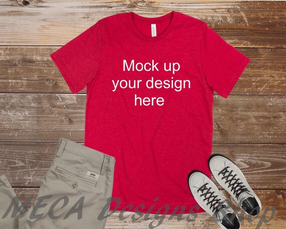 Mens Styled Mockup Red Shirt Flat Lay On Weathered Wood Etsy