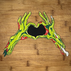 Large Zombie Hands Heart Iron-On Patch | 9.75x6.75 inches | Gothic Horror Embroidery for Jackets & Bags