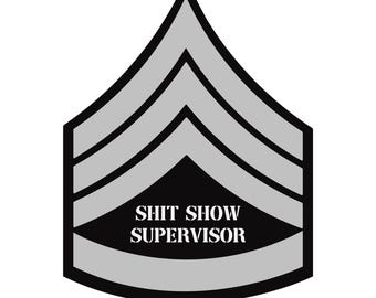 Naklejka winylowa „Shit Show Supervisor”, zabawna naklejka z humorem w pracy z paskami w jodełkę na prezent dla szefa lub współpracownika, 4,5 x 3,5 cala