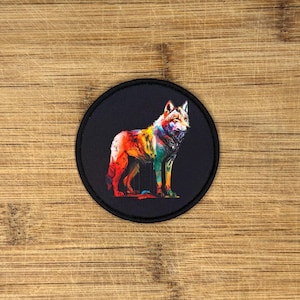 Patch loup 3" - Appliqué rond animal aquarelle à repasser pour vestes, sacs à dos, chapeaux