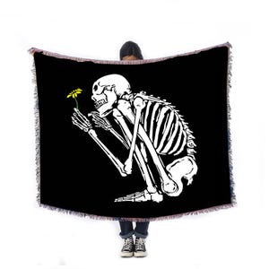 Skeleton Woven Throw Blanket – 5x4 ft Skeleton with Flower Design – Black Fringe Decor Blanket – Cozy Gothic Home Accent