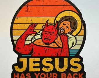 Christian Jiujitsu Vinyl Sticker - Jesus Has Your Back 4 Inch Grappling Design - Waterproof & Fade-Resistant Retro Faith And Humor Decal