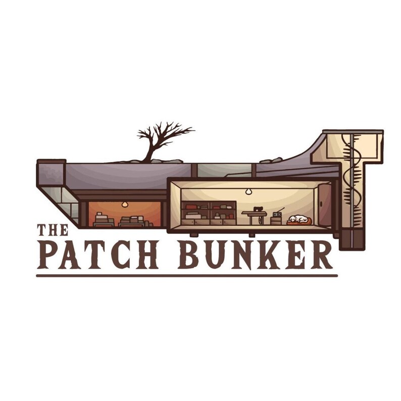 The Patch Bunker—underground workshop logo with shelves and a sleeping dog—brand for embroidered and iron-on patches and high-quality vinyl stickers.