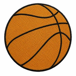 May include: A circular embroidered patch featuring a basketball design. The patch is orange with black stitched lines that form the classic pattern of a basketball, including a thick black border around the entire circular edge of the patch.