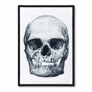 Parche de calavera (16,5 x 10 cm), rectangular, termoadhesivo (cosido), grabado anatómico vintage, anatomía gótica, parche Memento Mori para chaqueta o mochila.