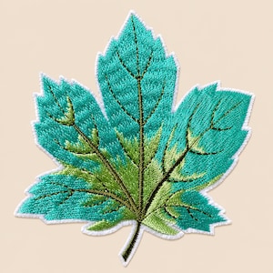 Maple Leaf Patch, Turquoise Embroidered Iron On Patch, Botanical Woodland Applique 3x3 inches