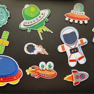 Space Themed Iron On Patch Pack 11 Pieces - UFO Astronaut Rocket Alien Meteor UFO