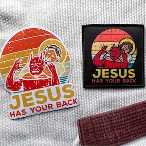 Jesus Has Your Back Jiu-Jitsu Christian Patch or Sticker - 3.5&quot; Iron-On Patch and 4&quot; Waterproof Vinyl Sticker