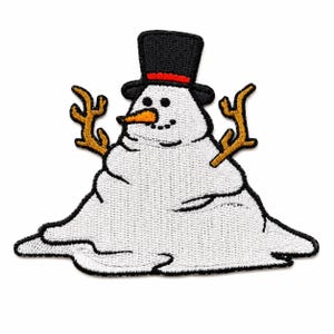 May include: An embroidered patch featuring a melting snowman wearing a black top hat with a red band. The snowman has a bright orange carrot nose, black dot eyes and mouth, and brown twig-like arms extending outward from its white body.