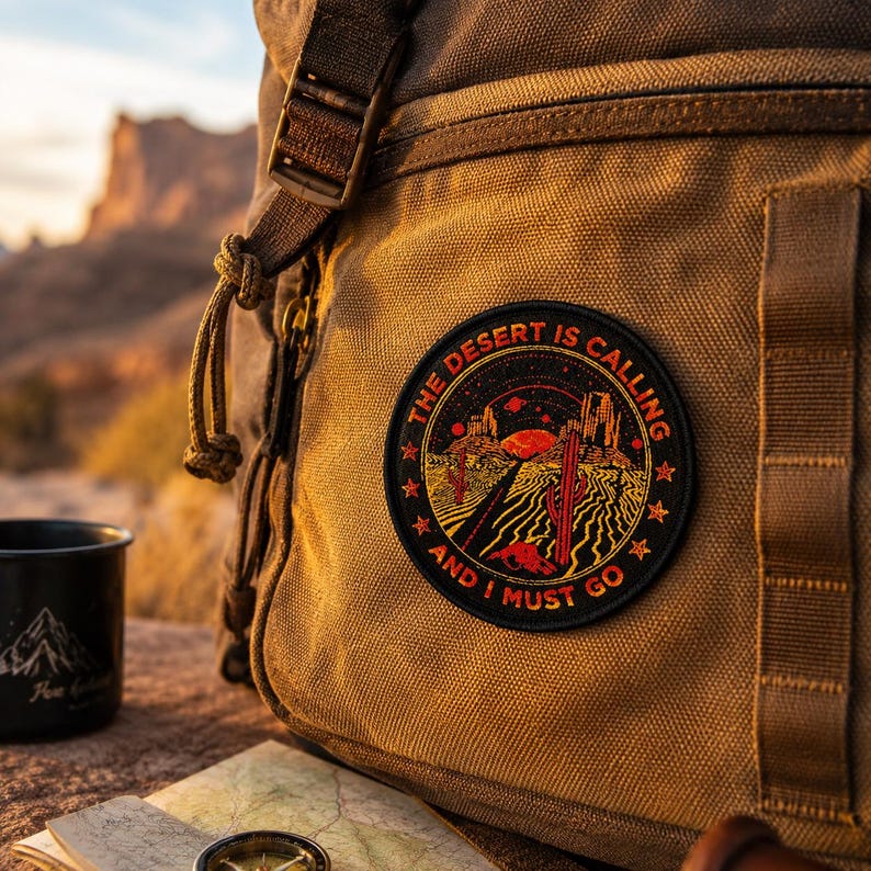 The Desert Is Calling embroidered patch attached to a tan canvas backpack with desert scenery, map, compass, and camp mug nearby.