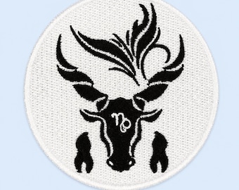 Capricorn Iron-On Patch – 3.5 Inch Embroidered Zodiac Goat Head Appliqué – Astrology Horoscope Patch for Jackets & Bags