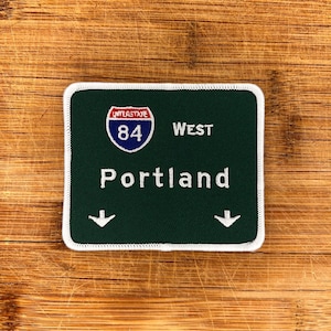 Portland Interstate 84 West Embroidered Patch - 3.5x3 Inch Iron-On Road Sign Patch - Oregon Travel Souvenir for Collectors