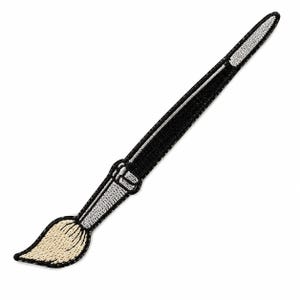 May include: An embroidered patch in the shape of a paintbrush. The handle is black with a silver ferrule, and the bristles are a light cream color. The entire design is outlined in black thread, creating a clean and defined edge for the patch.