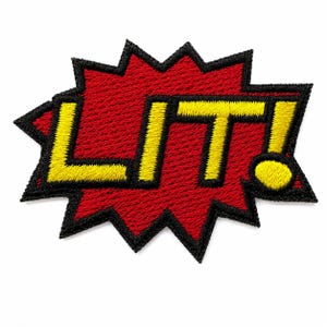 LIT! Iron-On Patch – Bold Comic-Style Embroidered Patch – 2.5 x 1.5in Red Starburst for Jackets, Backpacks, and Accessories