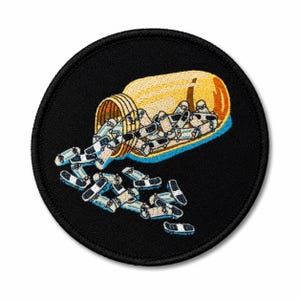 Skateboard Patch – Pill Bottle Mini Boards, 3in Woven Iron-On or Hook & Loop Patch, Skater Gift