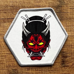 Oni Mask Patch 3” Hex Iron-On – Japanese Demon Mask Yokai Tattoo Style, Choose Single or Bundle